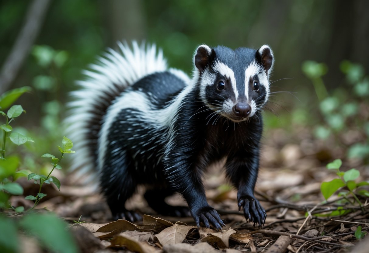 A skunk standing on a forest floor with one front paw raised, surrounded by green plants.