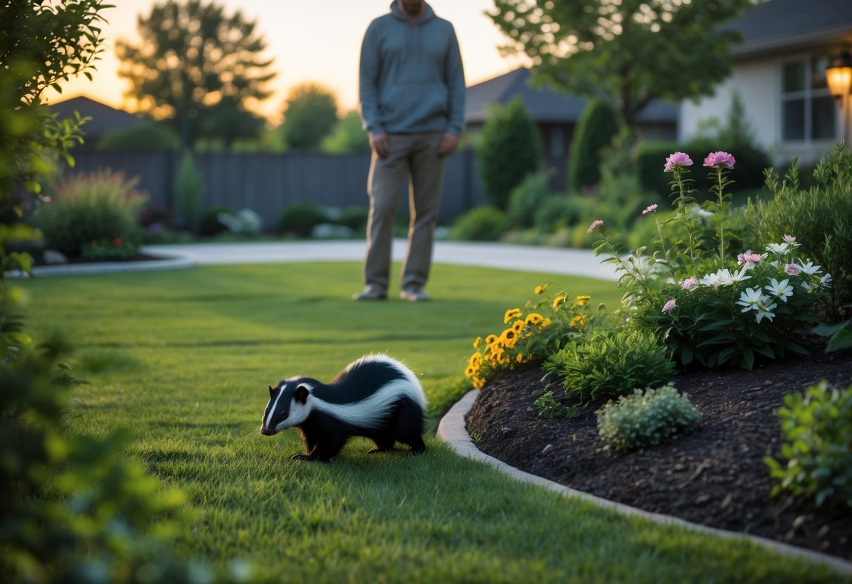 A person standing at a distance watching a skunk walking near a garden in a backyard at dusk.