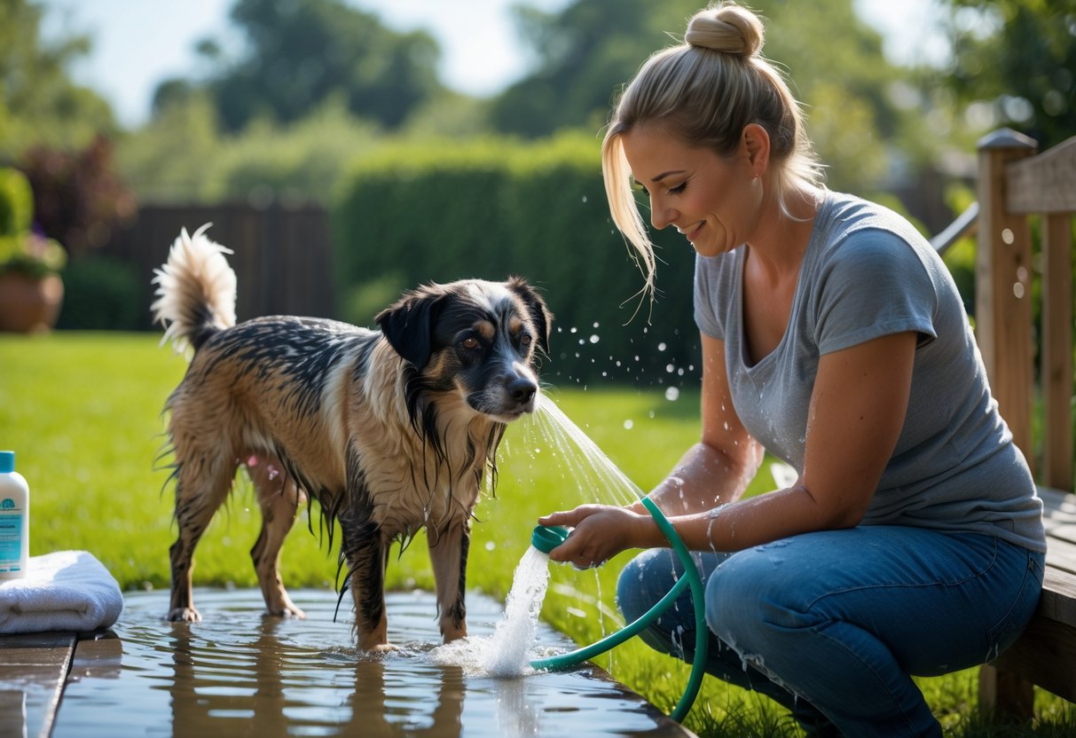 A person washing a dog outdoors with soap and water in a backyard.