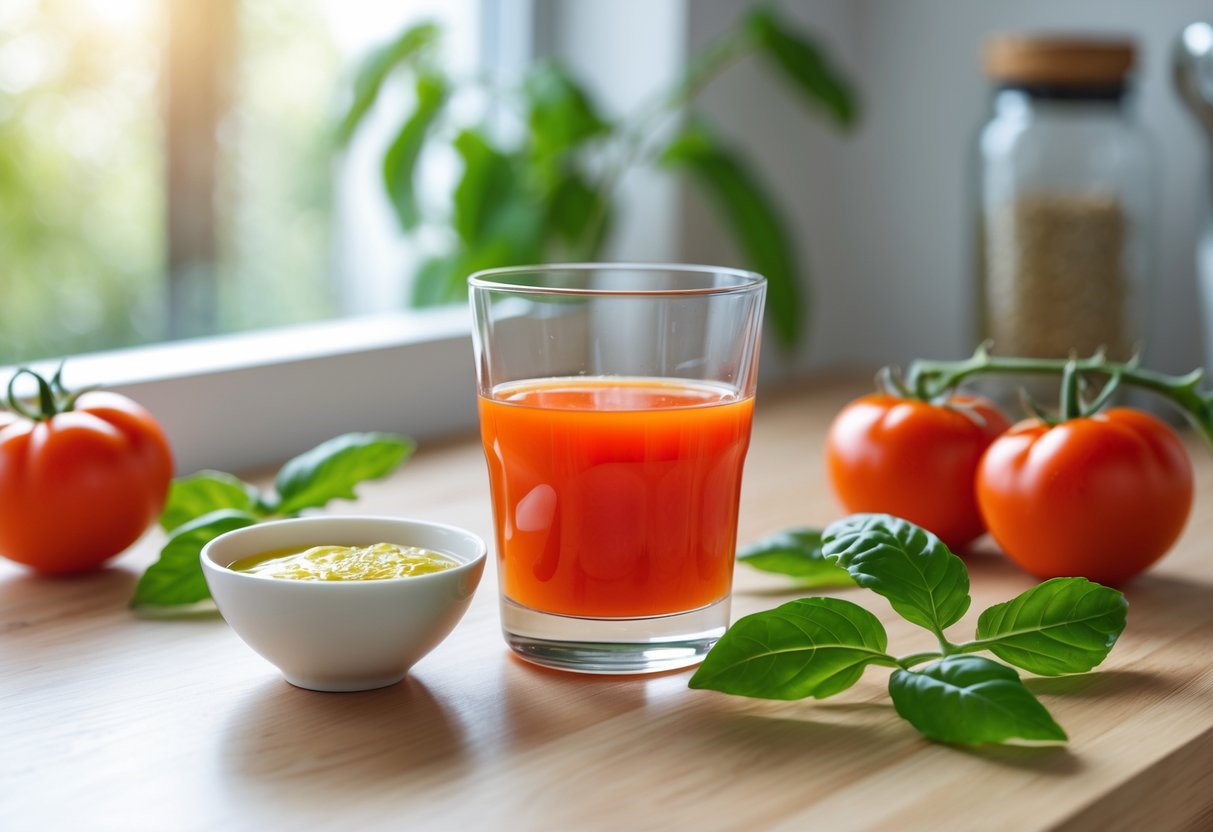 A glass of tomato juice on a kitchen countertop next to fresh tomatoes and a small bowl of cleaning solution.