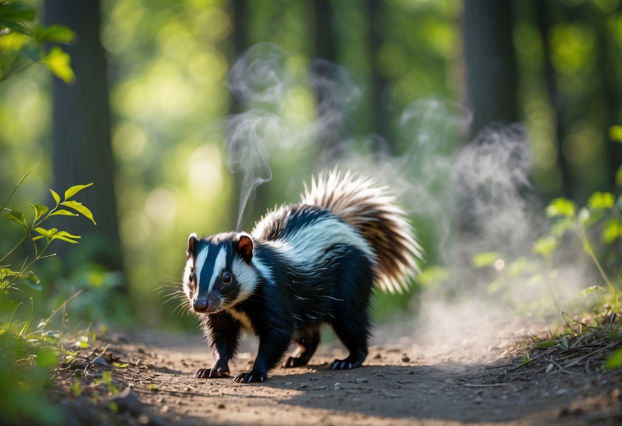 A skunk walking on a forest path surrounded by green plants with soft sunlight filtering through the trees.