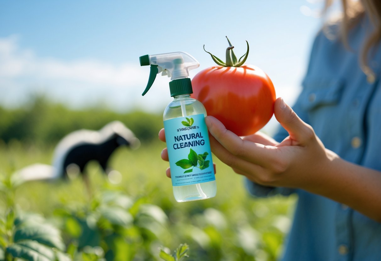 Person holding a ripe tomato and a cleaning spray bottle outdoors with a skunk in the background.