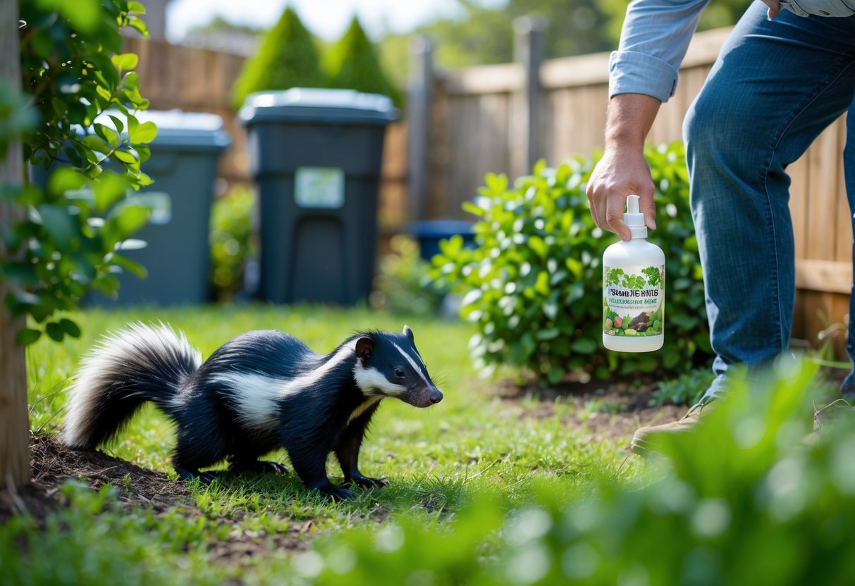 A person outdoors near a garden holding a cleaning spray while a skunk retreats into bushes nearby.