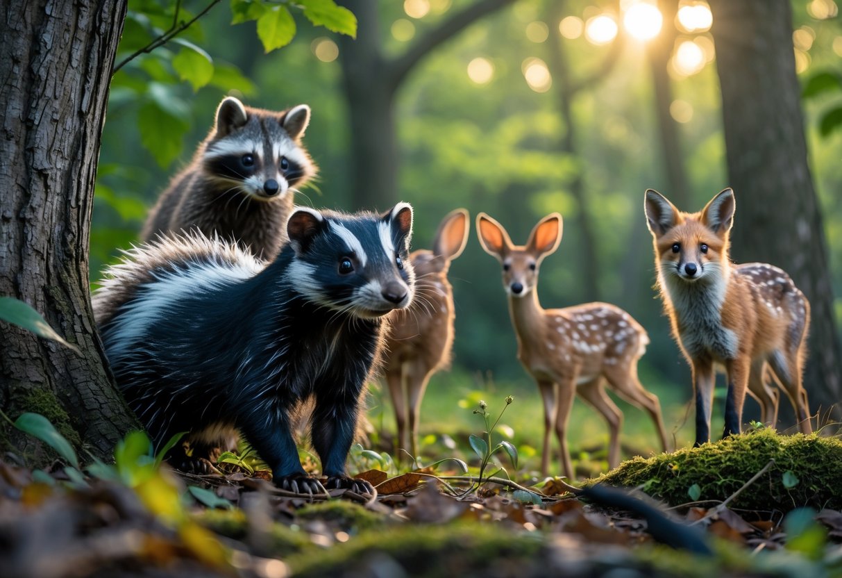 A skunk in a forest clearing with a raccoon, deer, rabbit, and fox nearby showing cautious behavior.