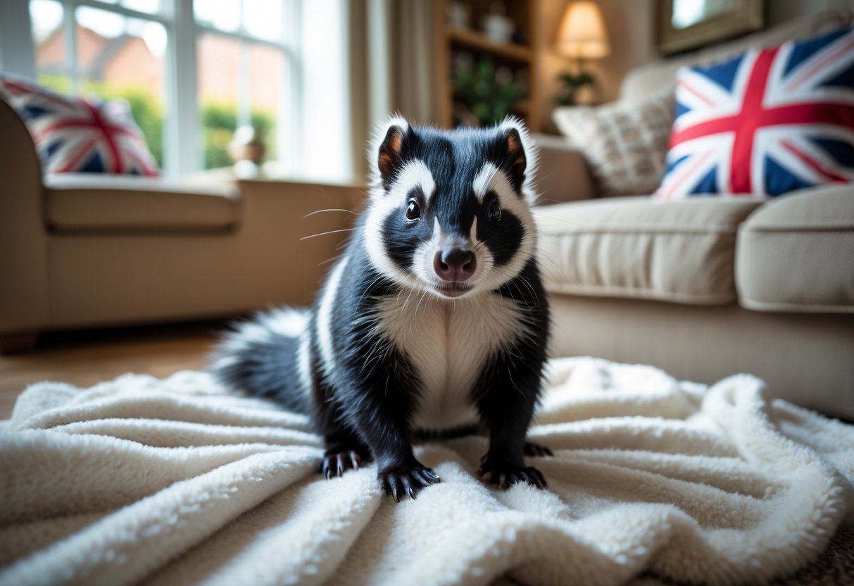 A pet skunk sitting on a white blanket in a cozy living room with British-themed decor visible in the background.