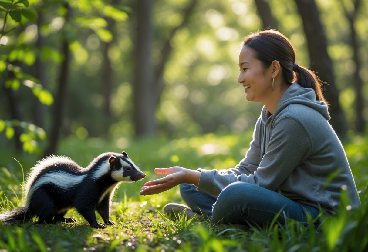 A person sitting on grass in a forest clearing gently reaching out to a calm skunk approaching them.