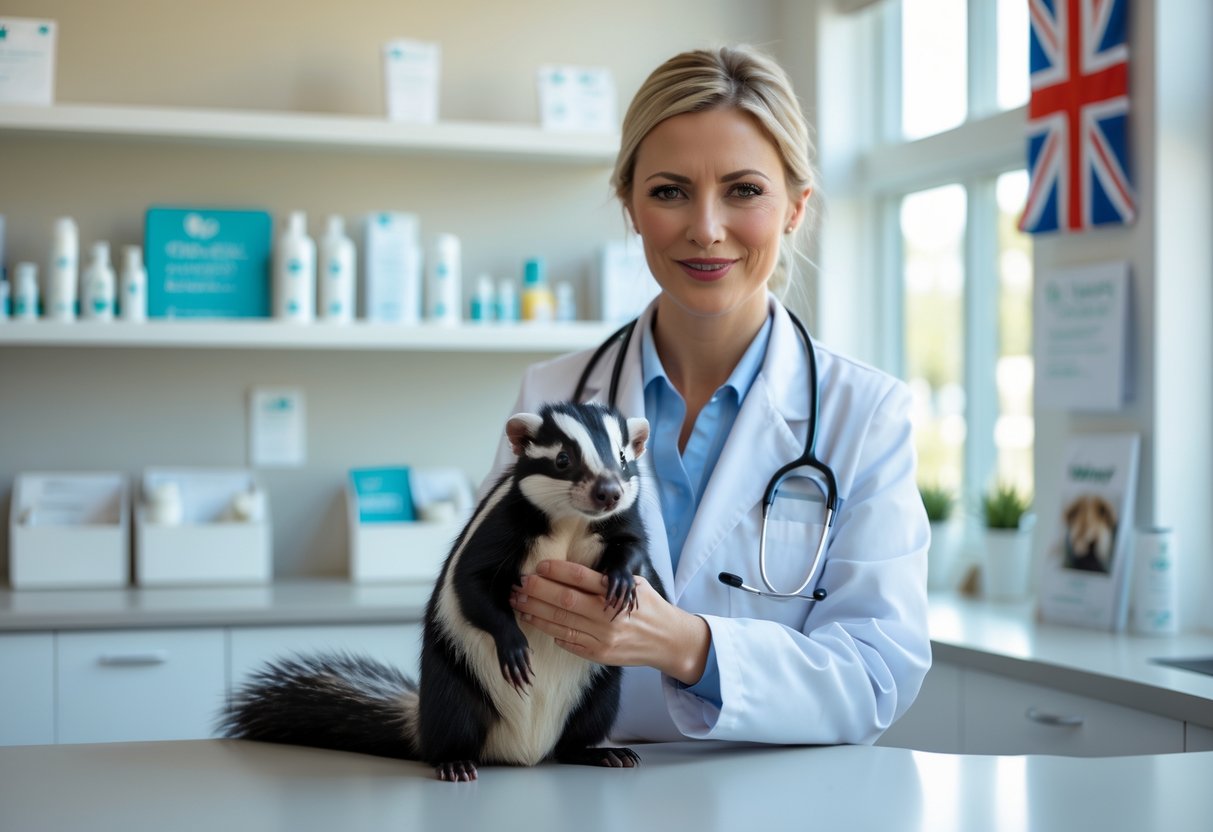 A veterinarian holding a calm pet skunk in a modern veterinary clinic reception area in England.