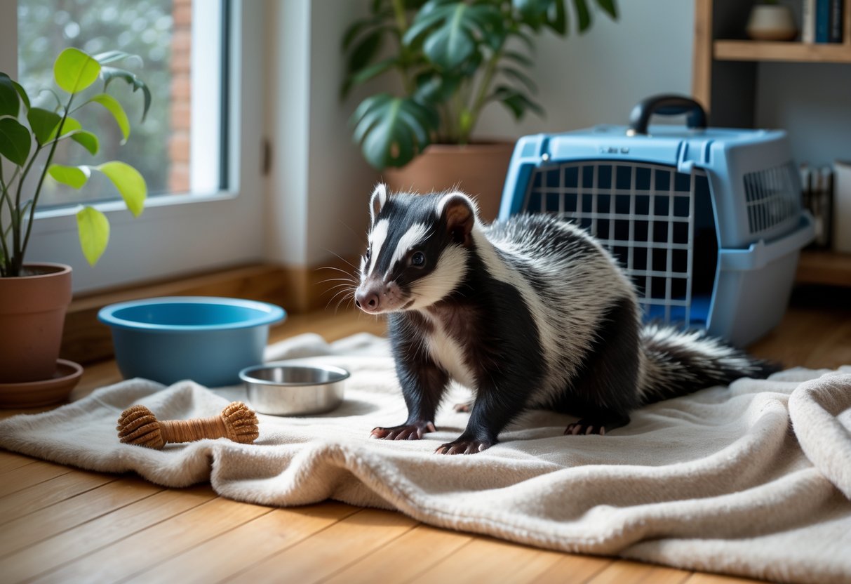 A pet skunk sitting on a blanket in a cozy room with natural light and pet accessories nearby.