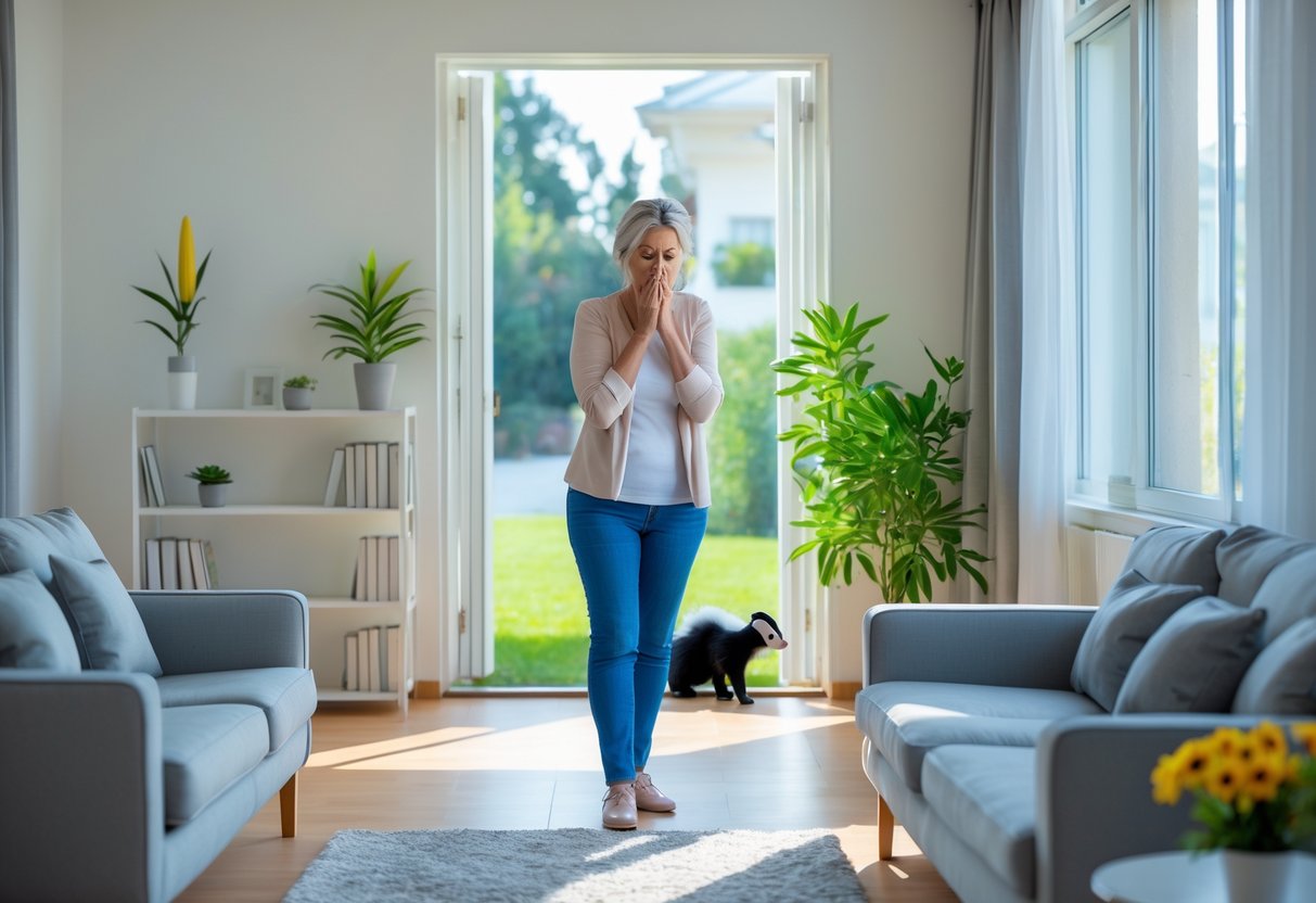 A woman in a living room holding her nose looking concerned while a skunk is near the entrance of the house.