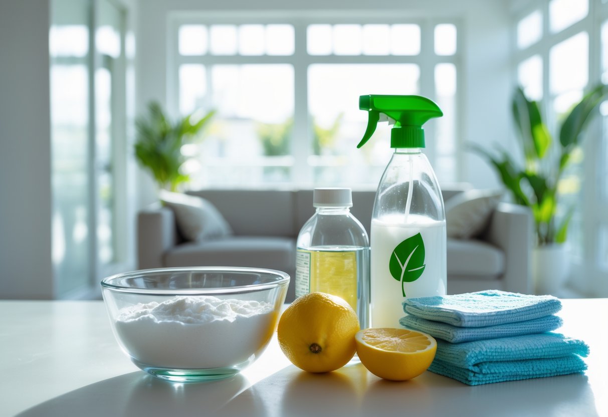 A kitchen counter with baking soda in a bowl, white vinegar bottle, lemon halves, a spray bottle, sponge, and cloth, with a bright living room in the background.