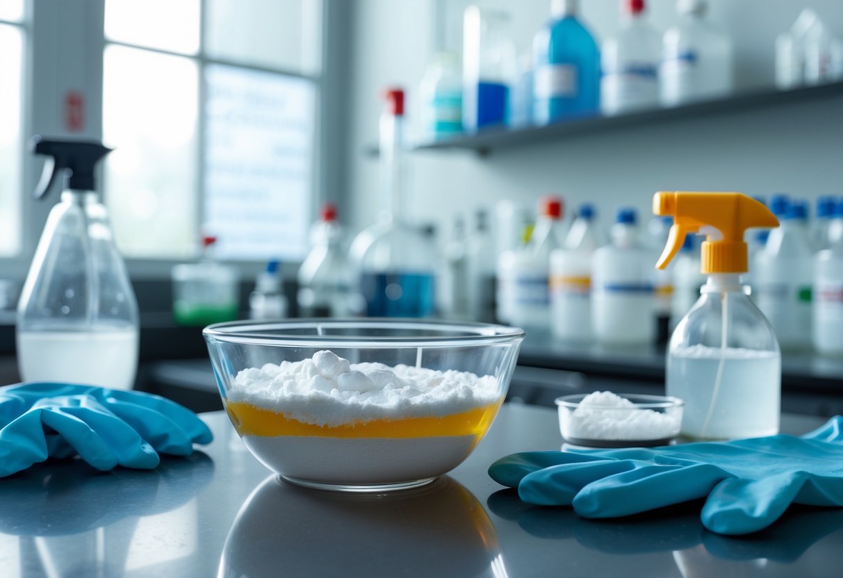 A laboratory countertop with a glass bowl containing a cleaning mixture, rubber gloves, and a spray bottle, surrounded by scientific equipment.