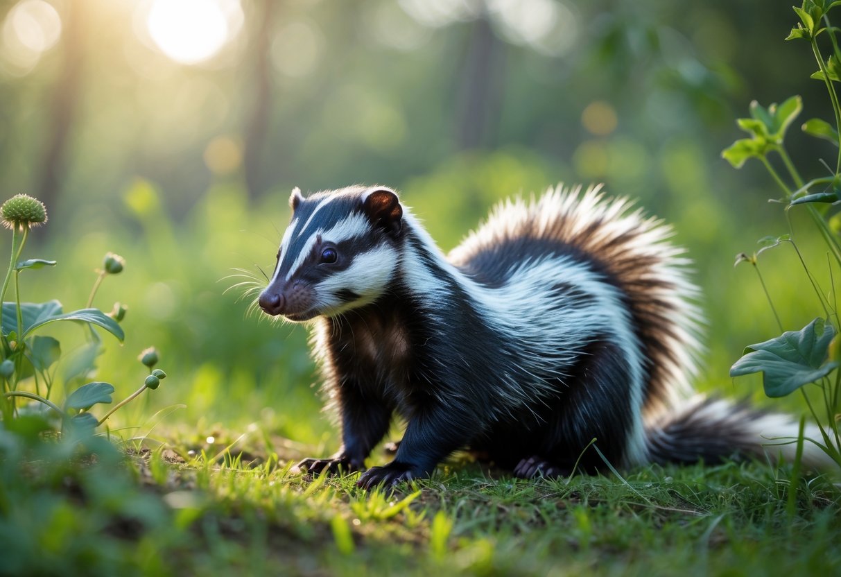 A calm skunk sitting on grass in a natural outdoor setting surrounded by plants and sunlight.