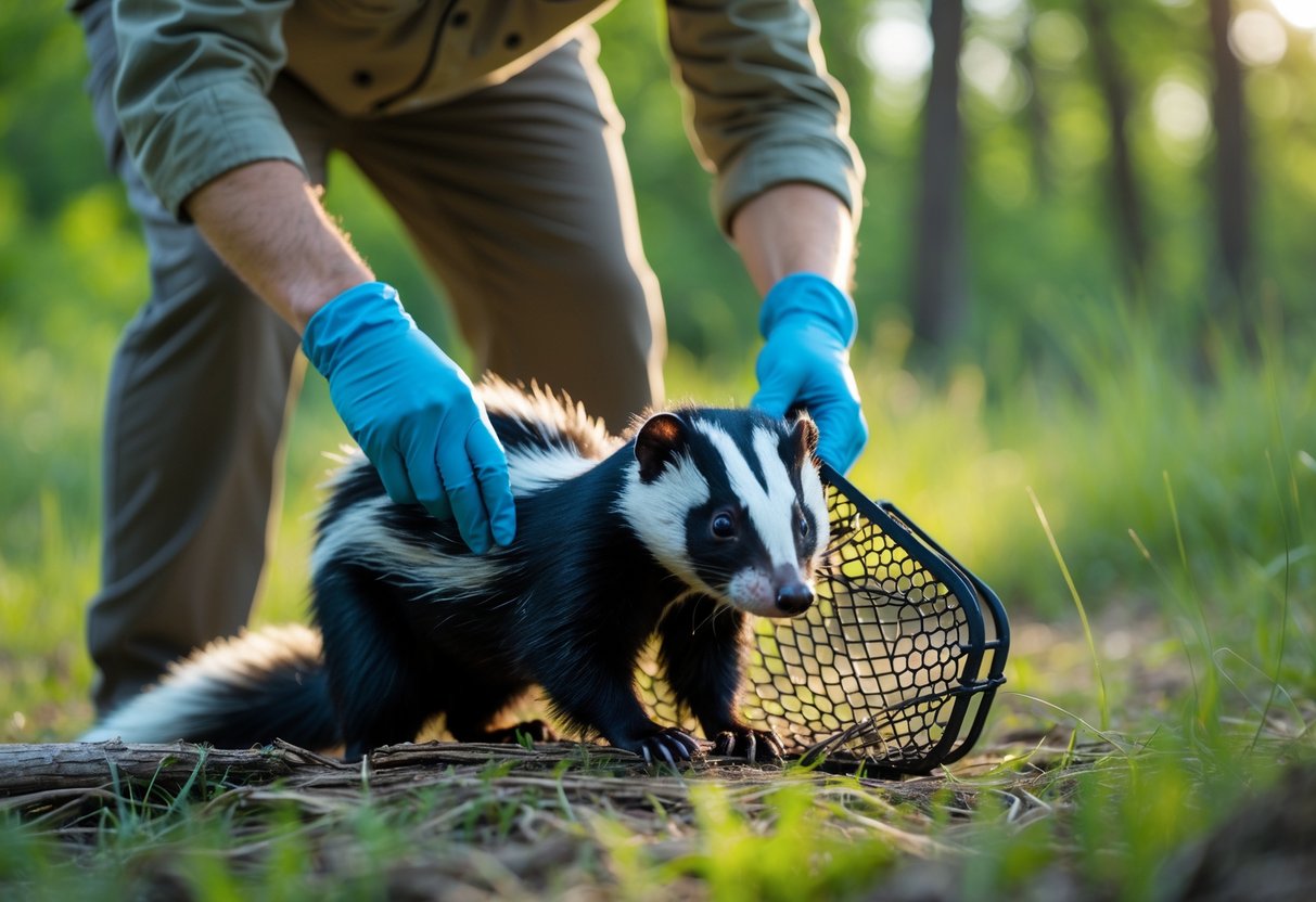 A person safely handling a skunk outdoors using a humane trap in a wooded area.