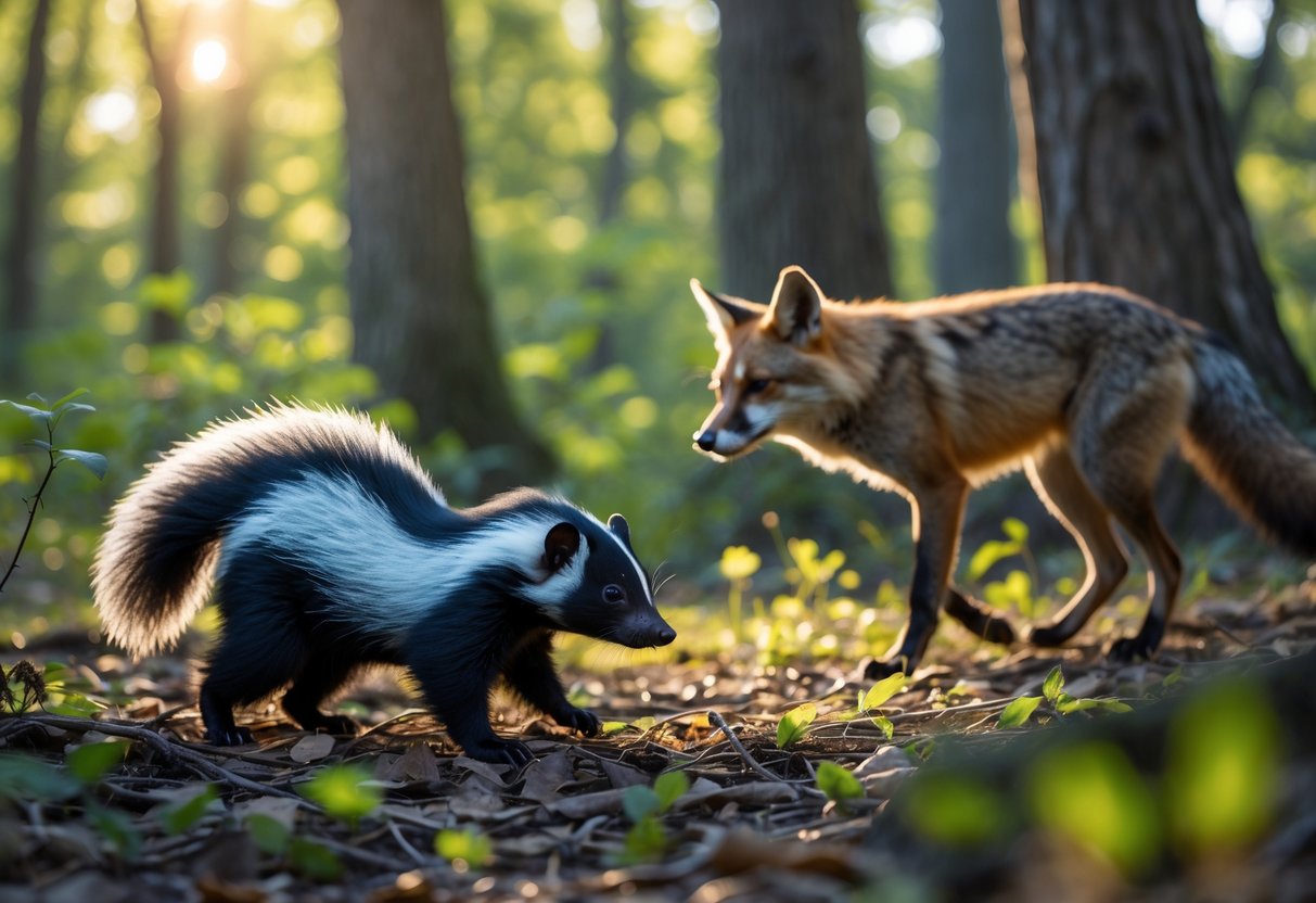 A skunk walking on a forest floor with a fox nearby in a woodland setting.