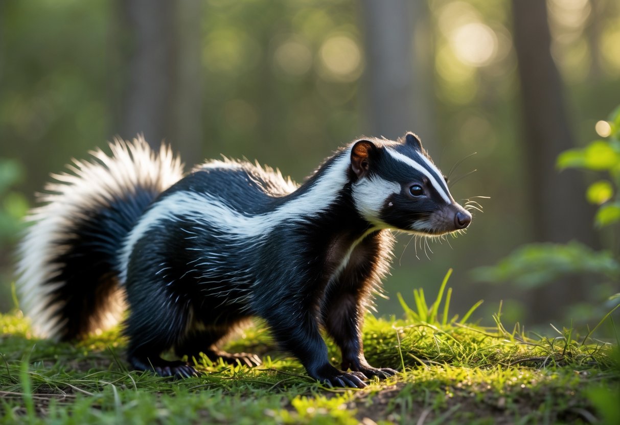A skunk standing on grass in a forested area with sunlight highlighting its black and white fur.