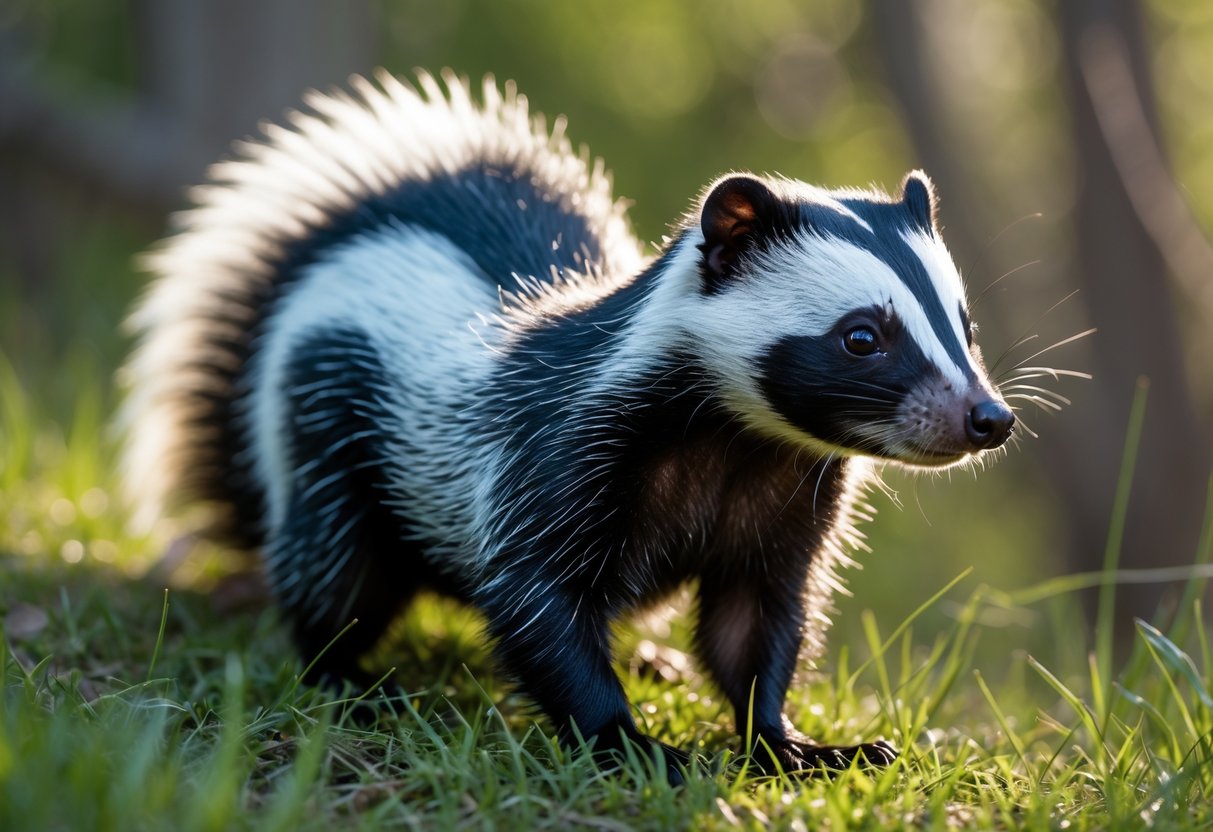 A skunk standing on grass in a natural outdoor setting with trees in the background.