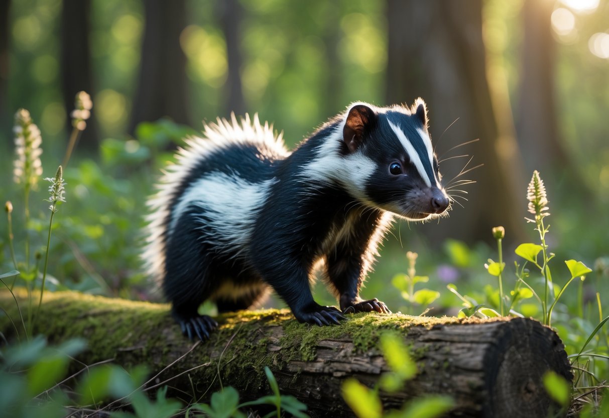 A skunk standing on a mossy log in a forest surrounded by green plants and sunlight.