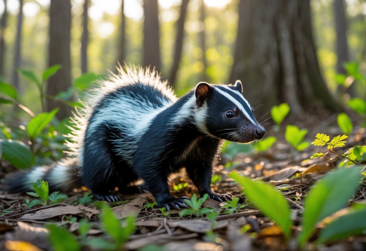 A skunk standing in a green forest with sunlight filtering through the trees.