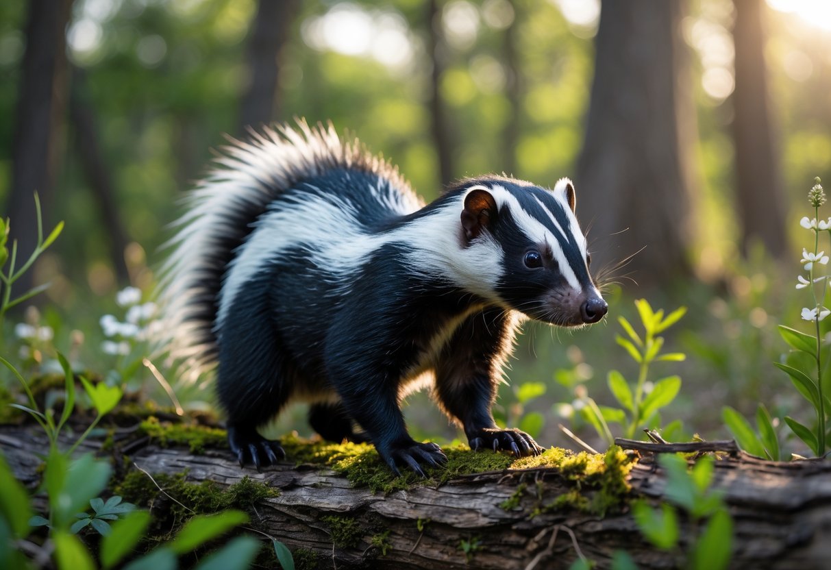 A skunk standing on a mossy log in a green forest with sunlight filtering through the trees.