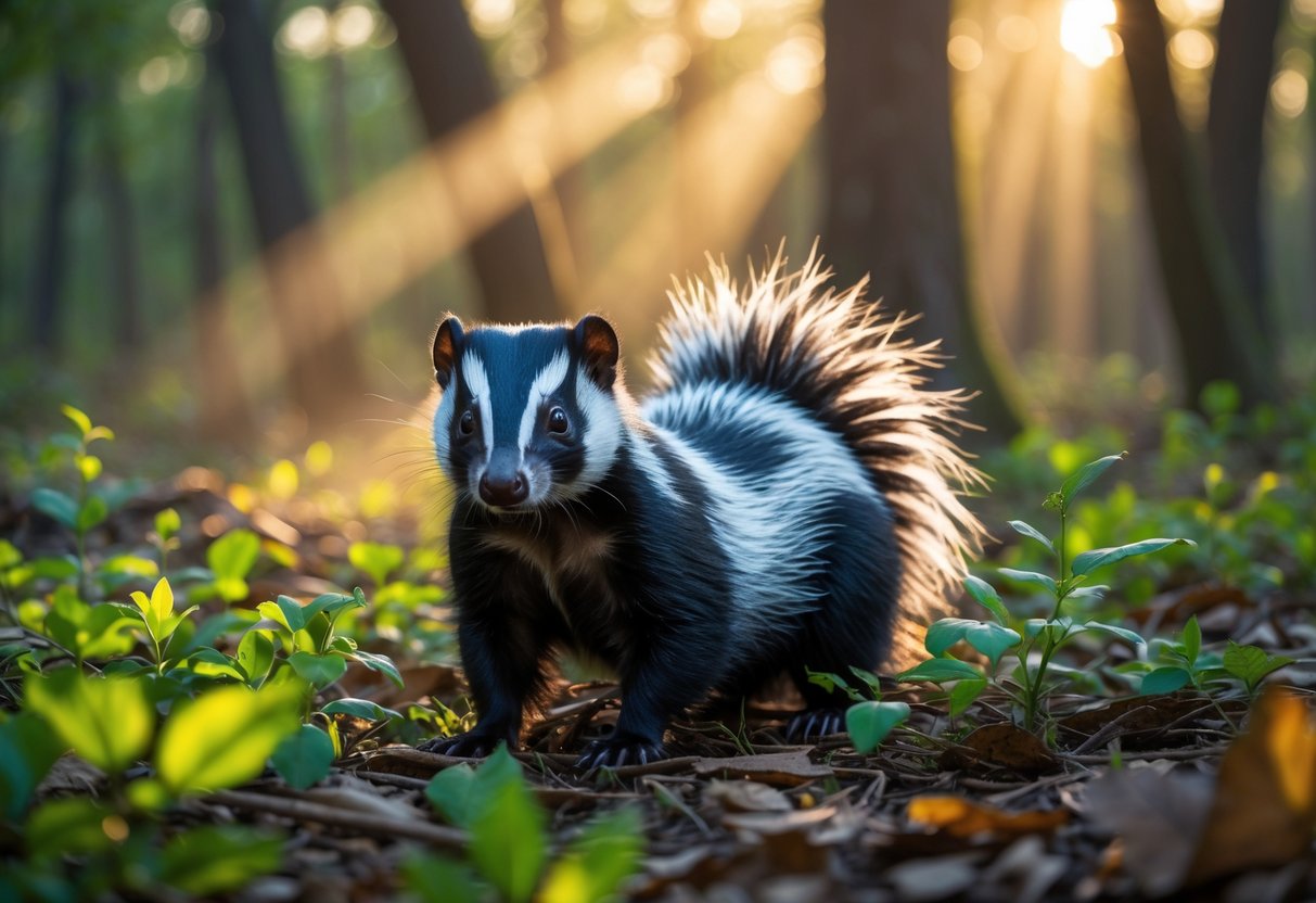 A skunk standing in a sunlit forest area surrounded by green plants and fallen leaves.