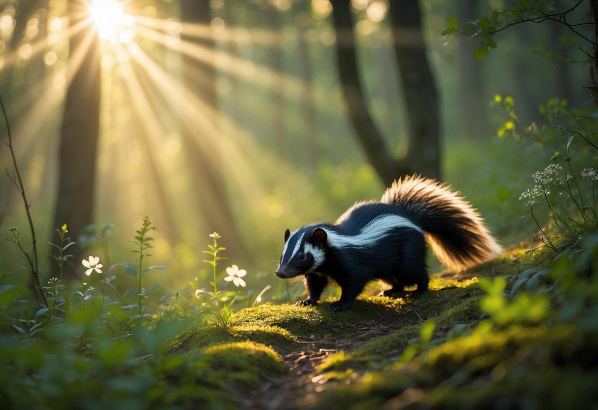 A skunk walking peacefully on a mossy forest path with sunlight filtering through trees in the background.