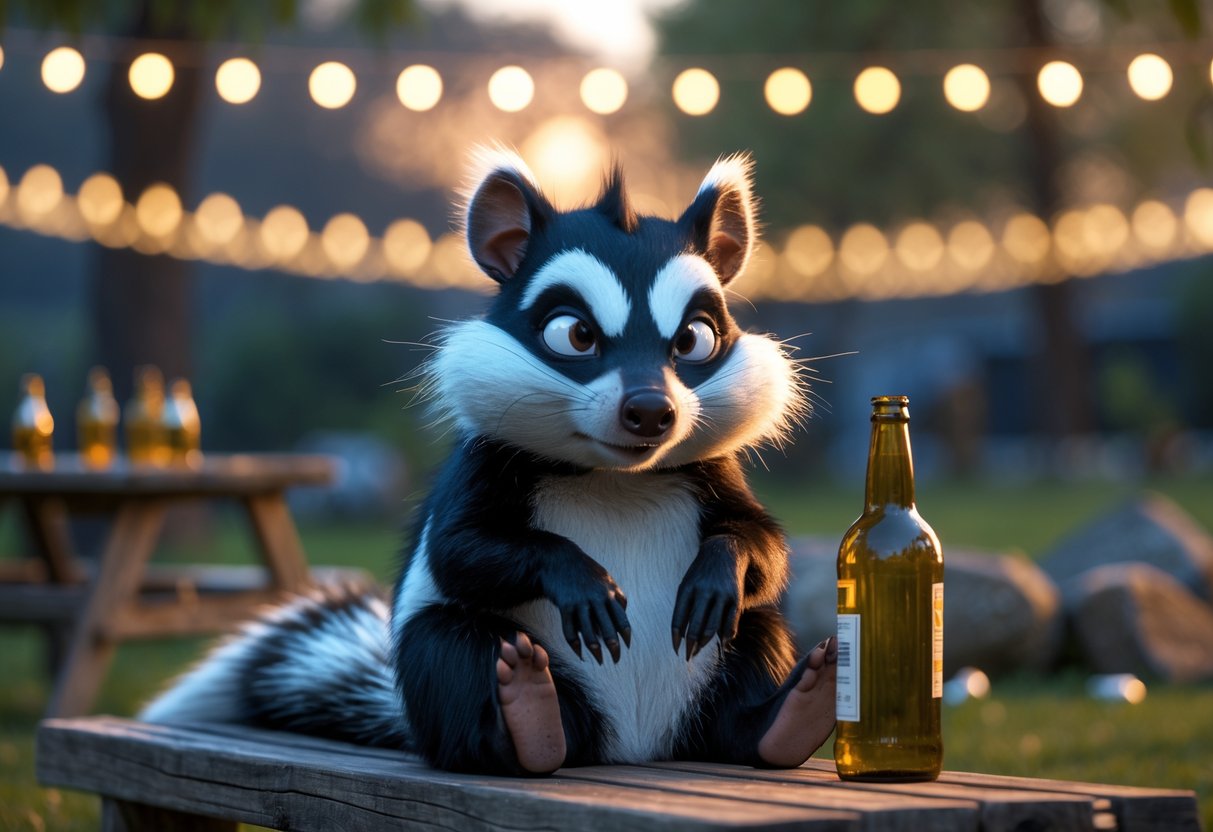 A cartoon skunk sitting on a wooden bench outdoors at dusk, holding a small bottle with a relaxed, goofy expression, surrounded by party decorations and empty bottles.