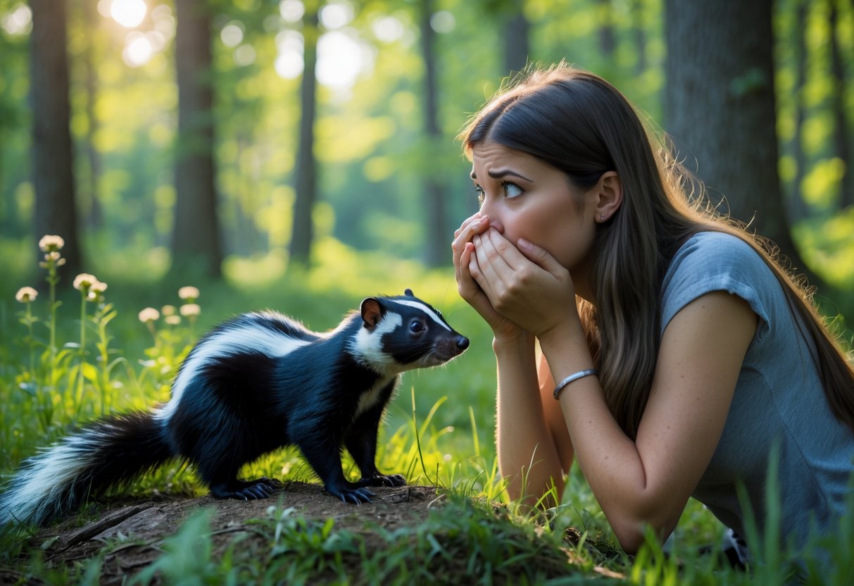 A woman outdoors holding her nose while looking at a skunk in a forest setting.