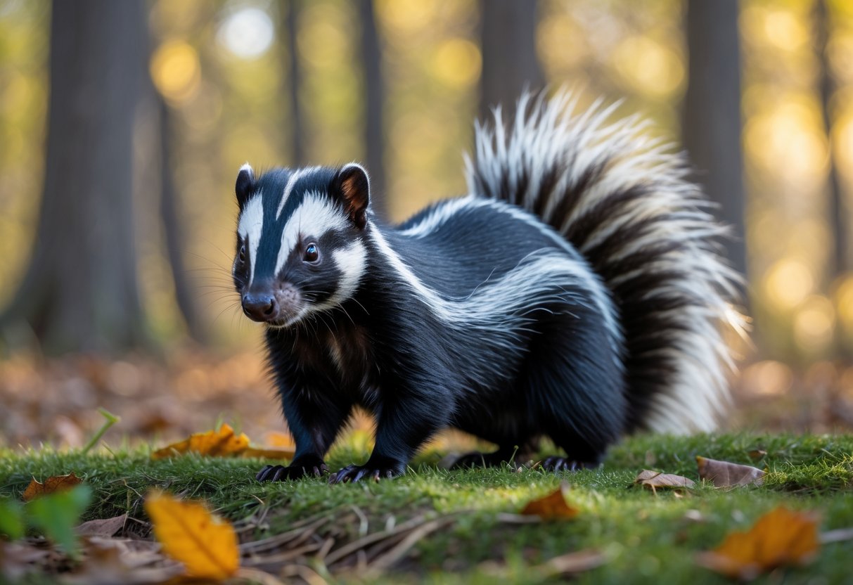 A skunk standing on grass with autumn leaves in a forested area with sunlight filtering through the trees.