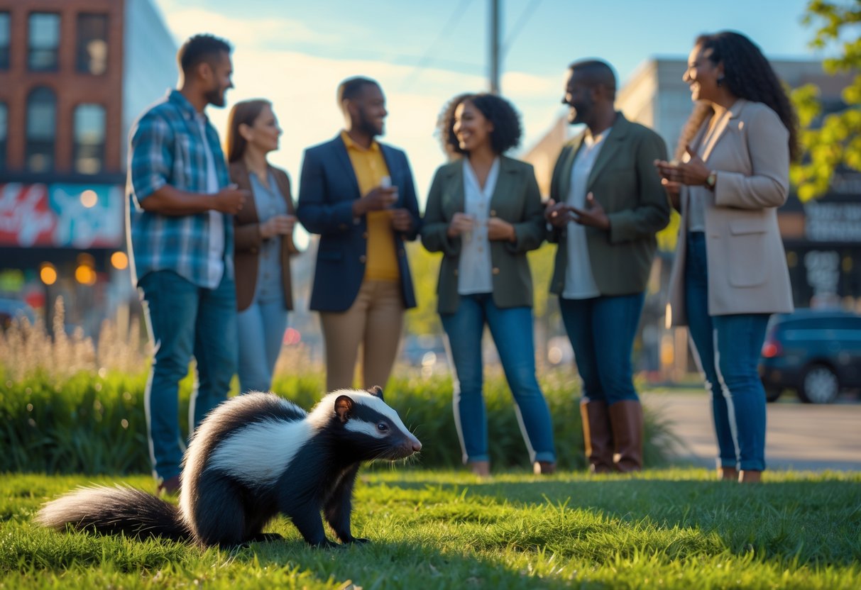 A group of people talking outdoors in an American city park with a skunk on the grass nearby.