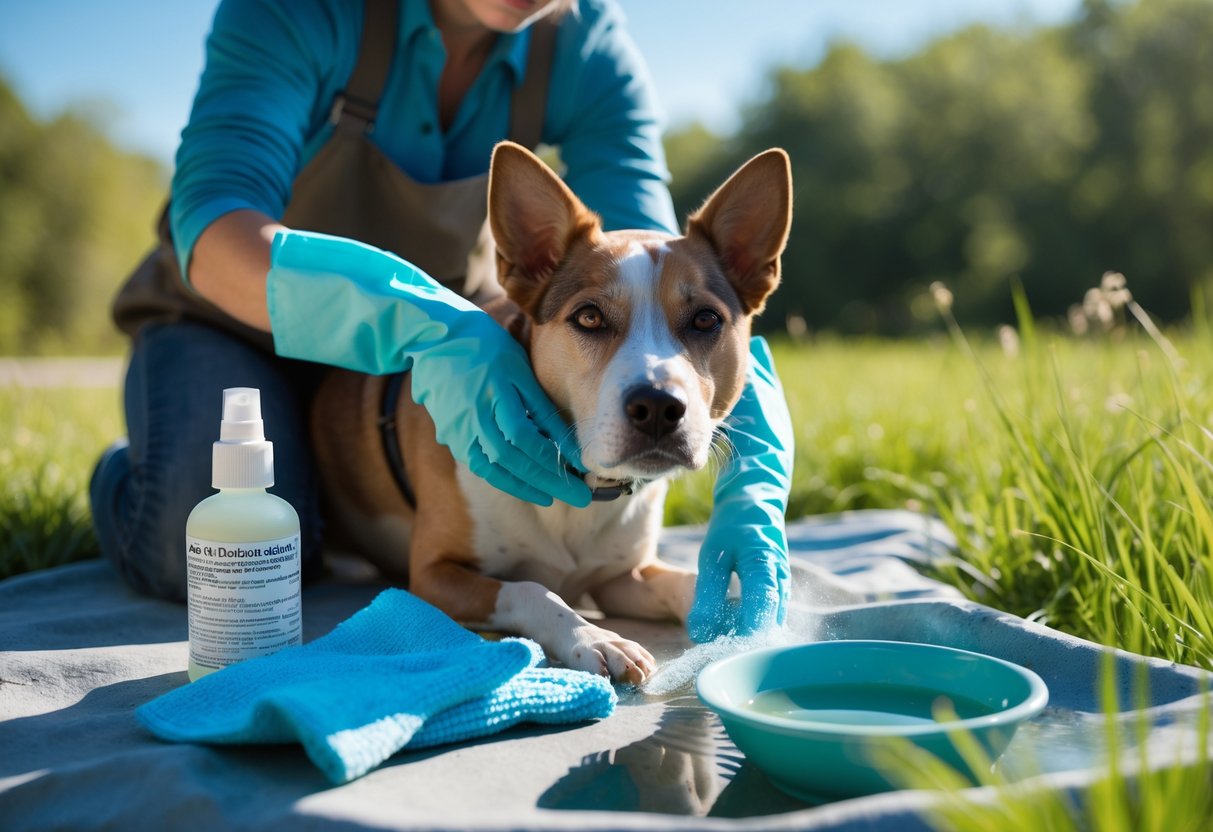Person cleaning a dog outdoors with cleaning supplies to remove odor.