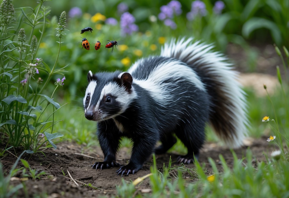 A skunk standing on grass near a garden with plants and insects.