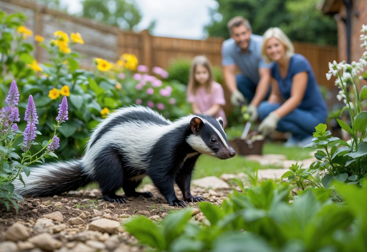 A skunk near a garden with flowers while a family enjoys the outdoor space in the background.
