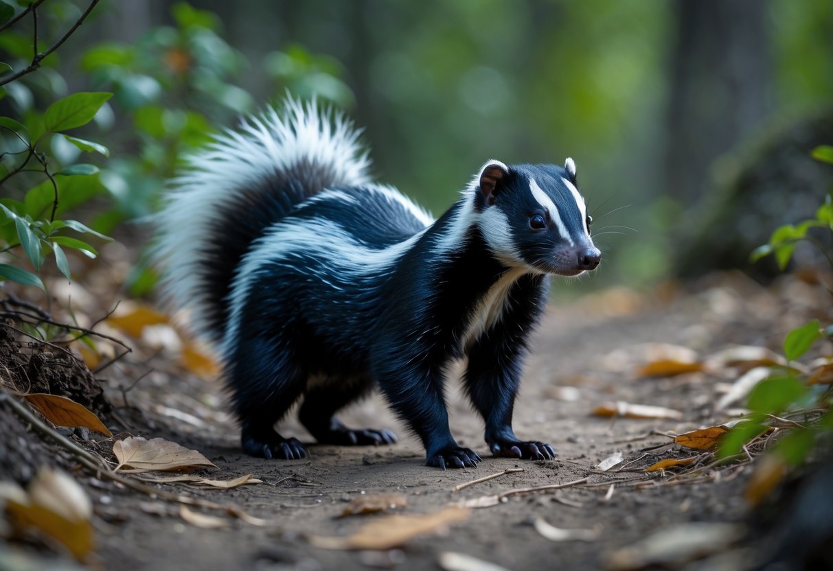 A skunk standing on a dirt path in a forest surrounded by green plants and leaves.