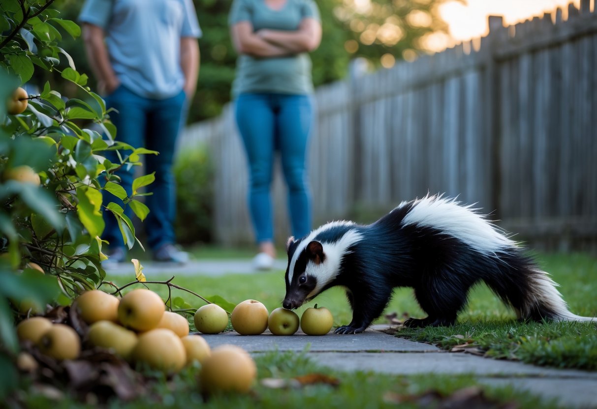 A skunk cautiously approaches fallen fruit in a backyard while a person watches from a distance.