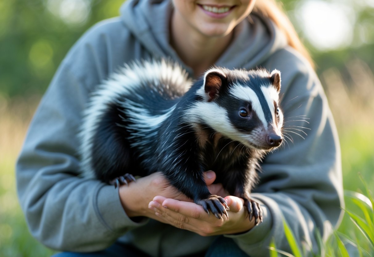 A person gently holding a calm skunk outdoors with greenery in the background.