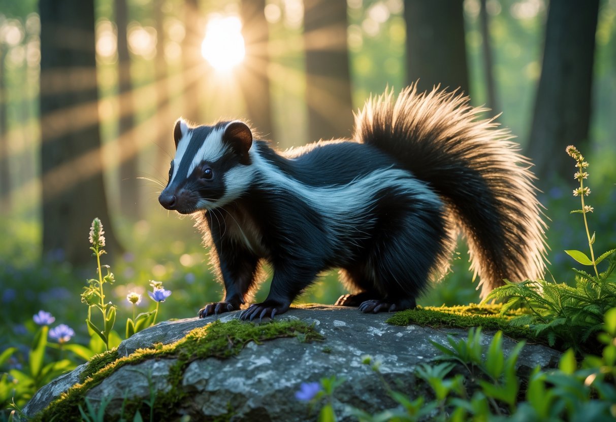 A skunk standing on a mossy rock in a peaceful forest with sunlight filtering through the trees.