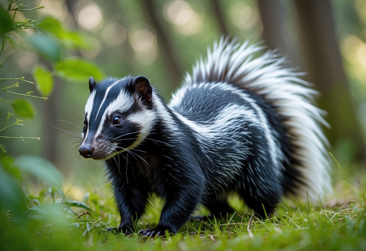 A skunk standing on green grass in a forested area.