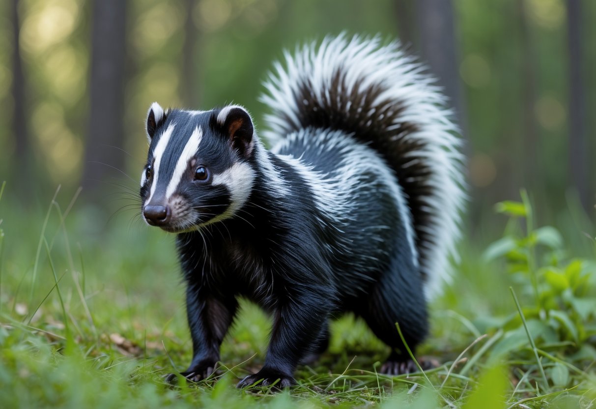 A skunk standing on green grass with a forest background.