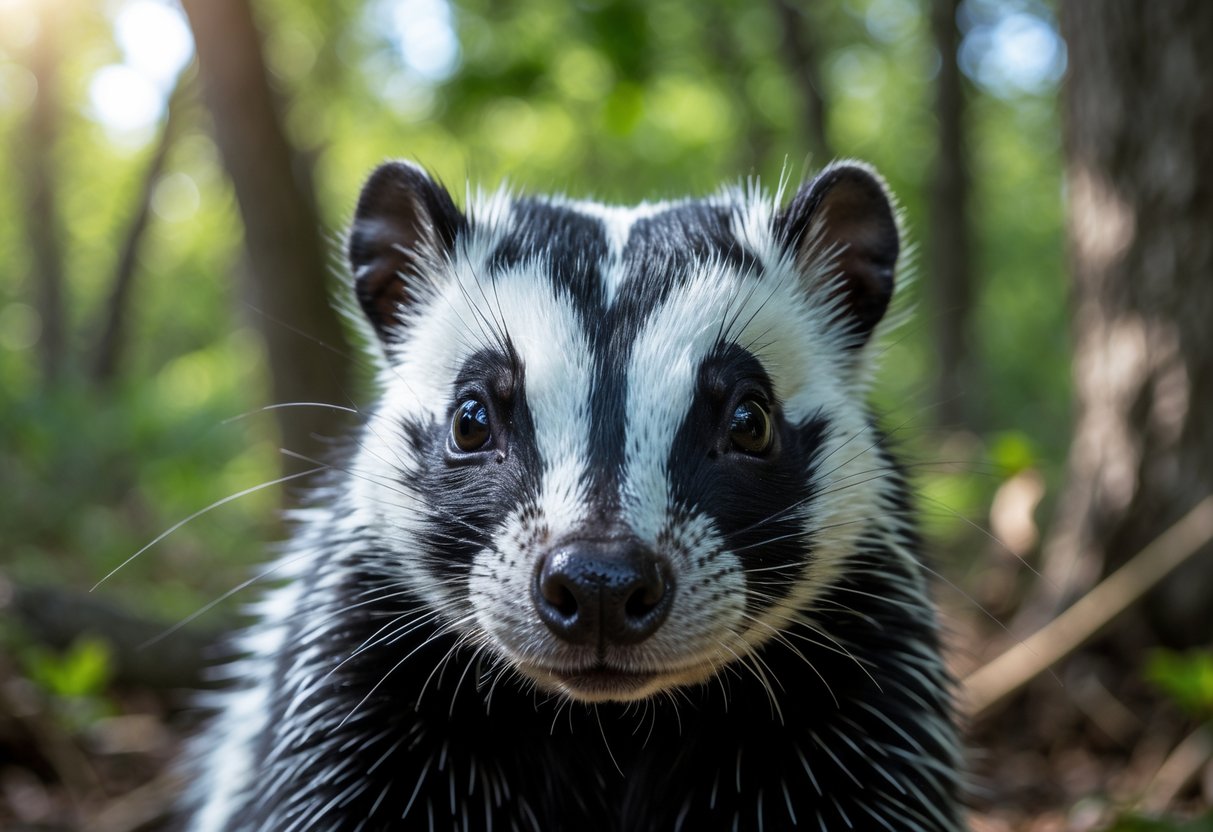 A close-up of a skunk standing in a green woodland area with sunlight filtering through the trees.