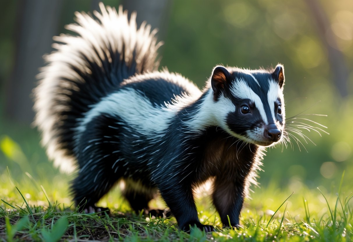 A skunk standing on grass with trees in the background.
