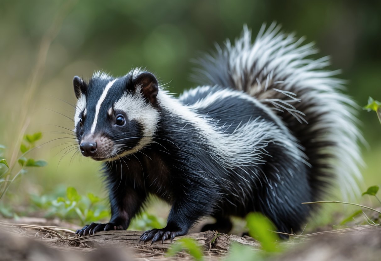 A skunk with black and white fur standing in a natural green outdoor environment.