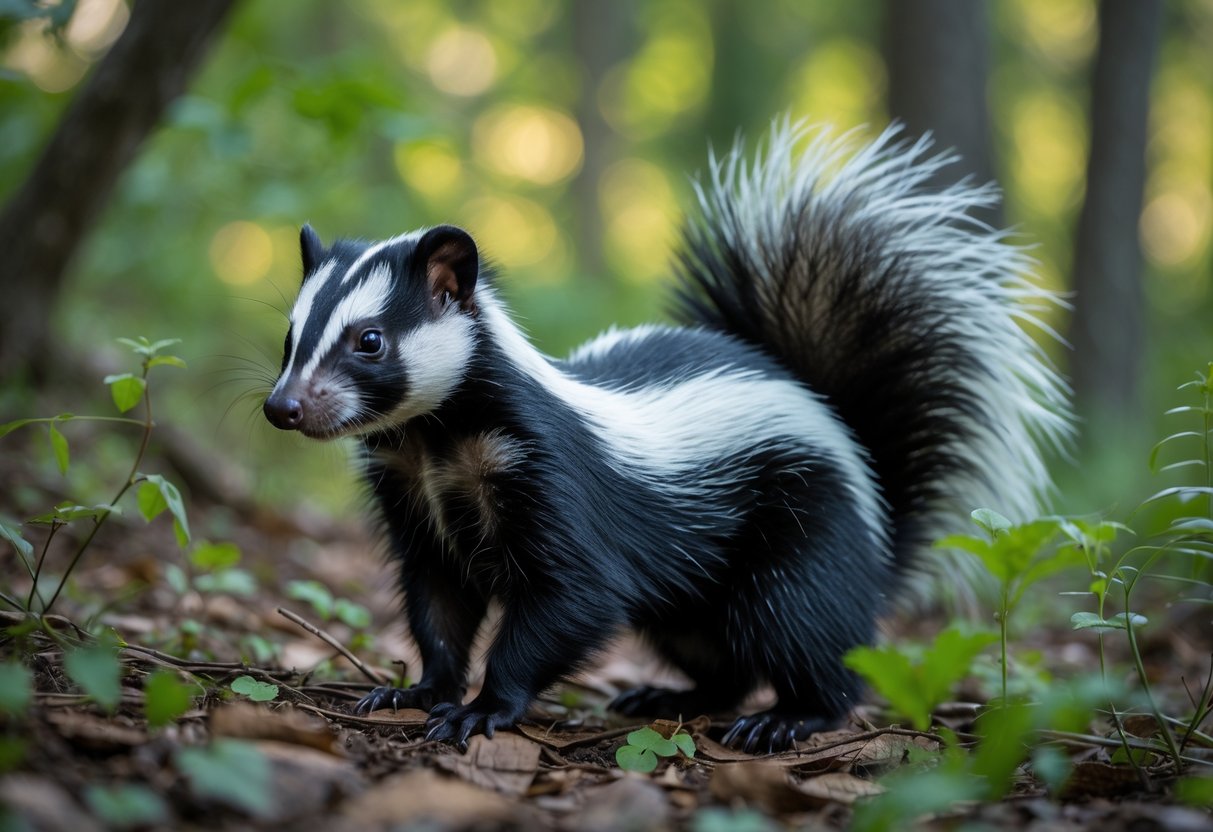 A skunk standing on a forest floor surrounded by green plants and leaves.