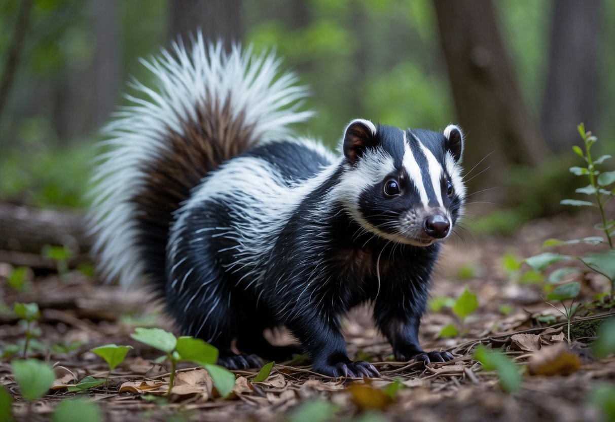A close-up of a skunk standing on forest ground with leaves and plants around it.