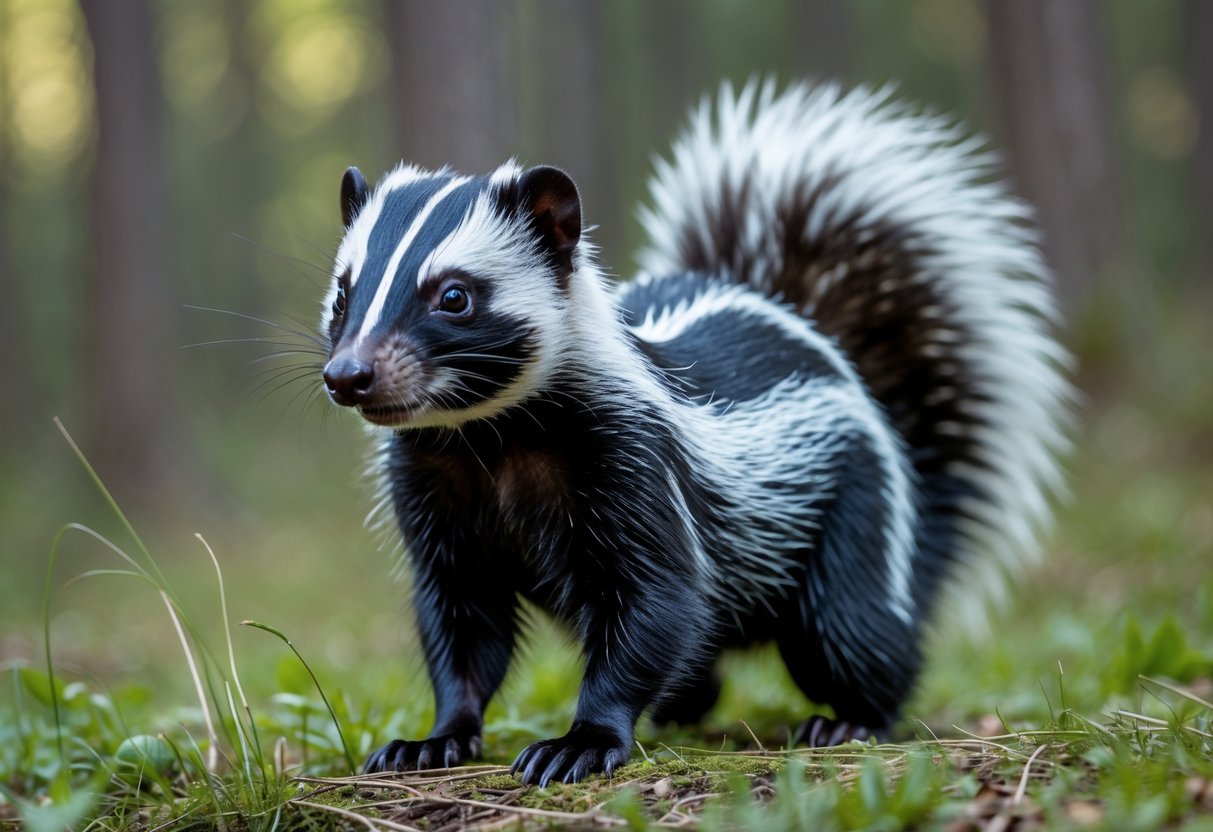 A skunk standing on grass with its tail raised in a natural outdoor environment.