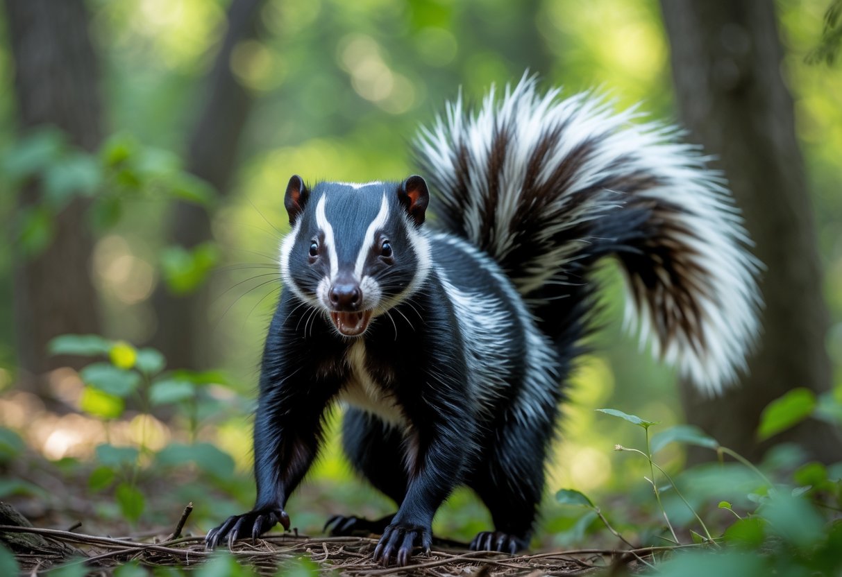 A skunk in a forest with raised fur and arched tail showing an aggressive posture.