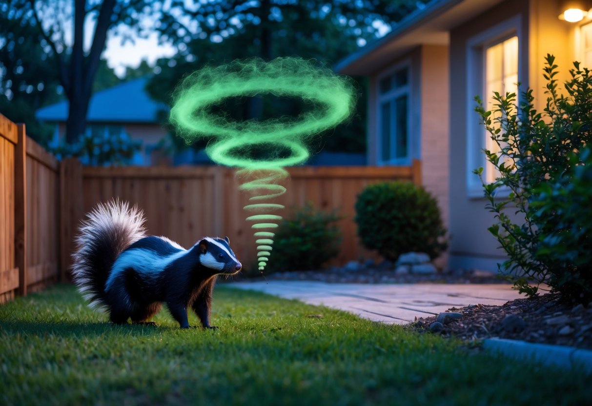 A person holding their nose and stepping back from a skunk in a backyard, with visible odor waves in the air.