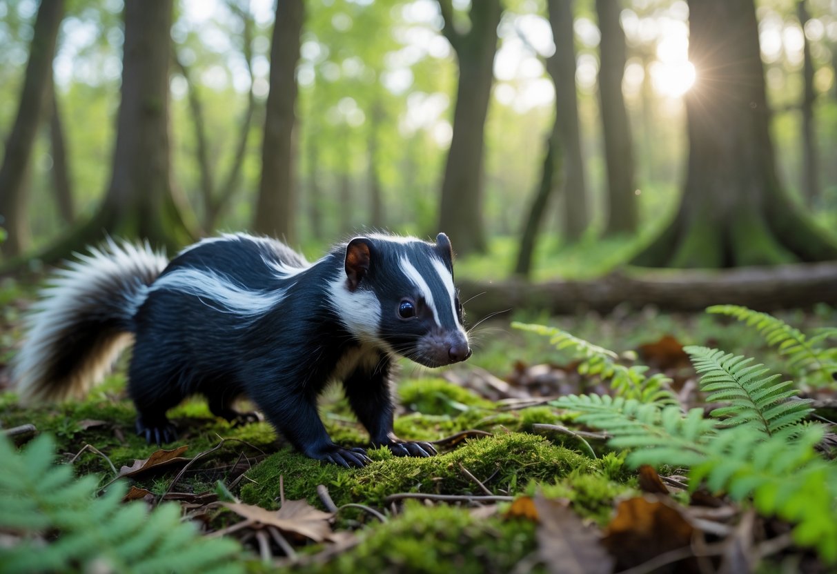 A skunk standing on a mossy forest floor surrounded by green plants and trees in a woodland setting.