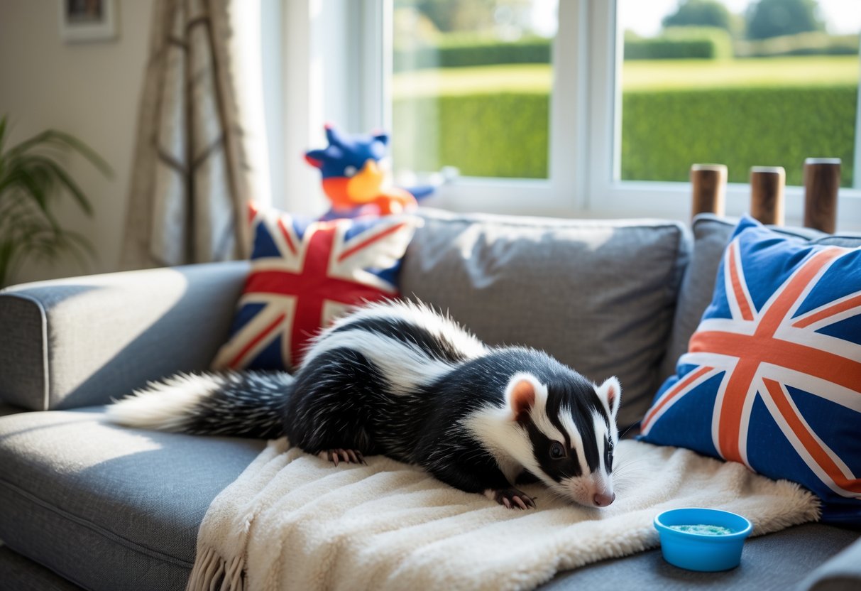 A pet skunk resting on a blanket on a sofa in a cozy UK living room with a garden visible through the window.