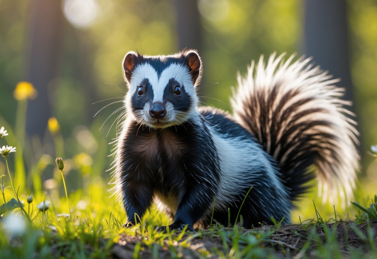 A skunk standing on grass looking directly ahead in a natural outdoor setting.