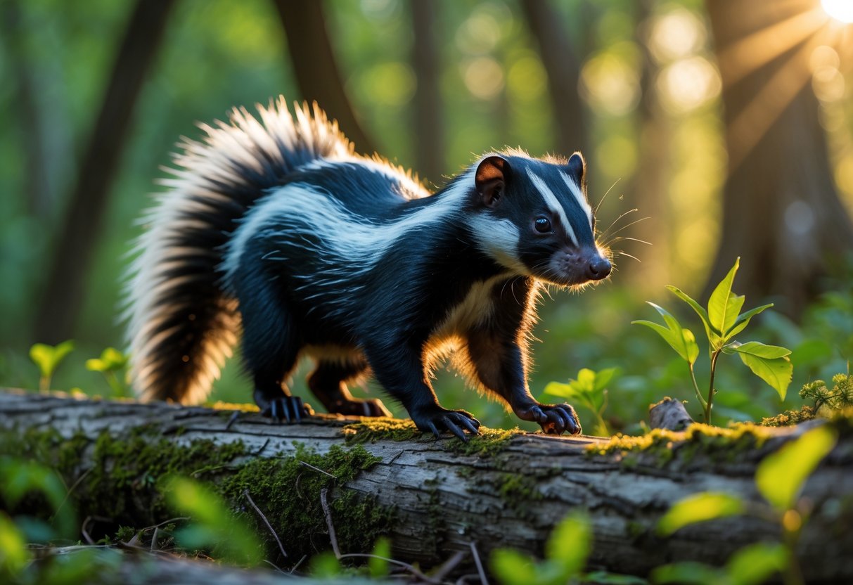 A skunk walking on a mossy log in a green forest with sunlight filtering through the trees.